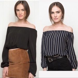 PAIR of 2 off shoulder crop stripped black top